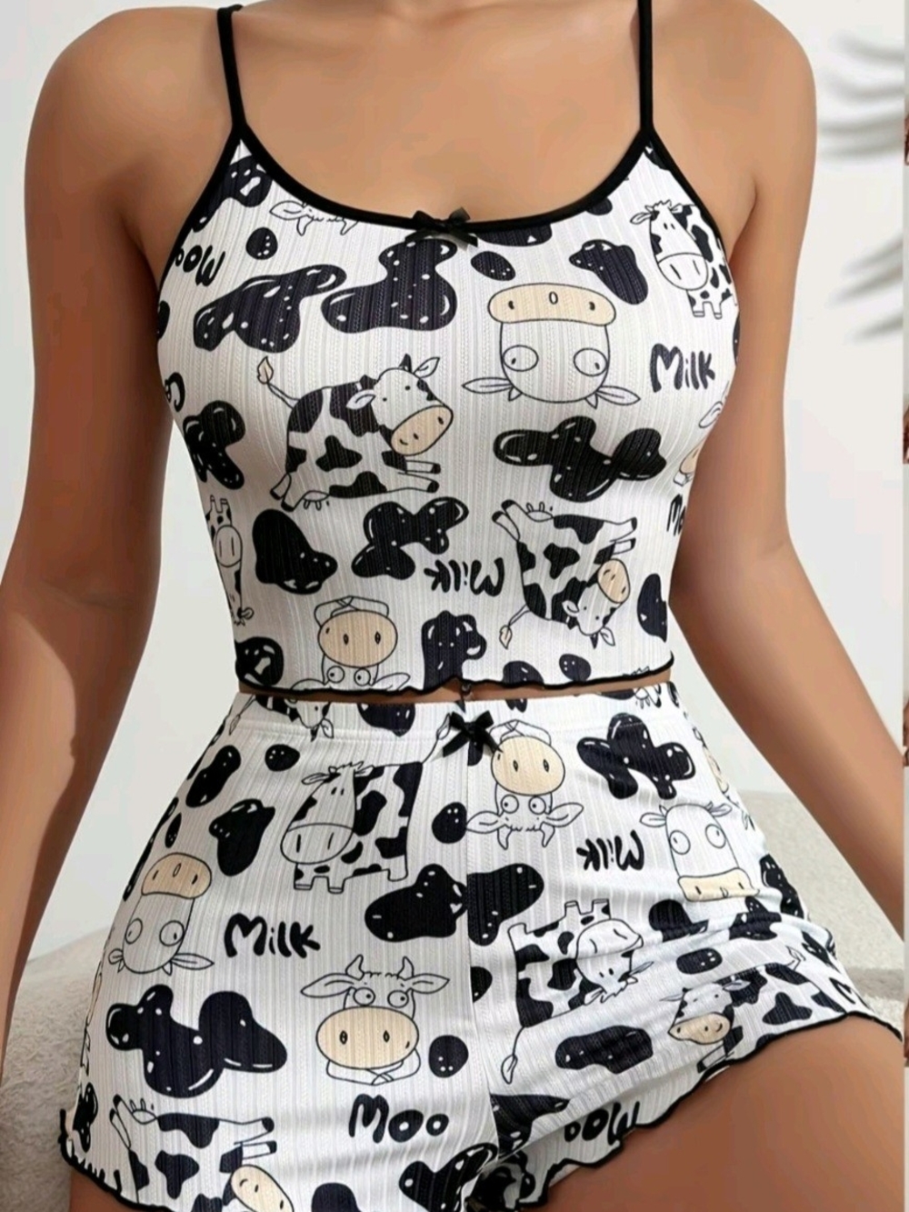 Medium...Cow Print Crop Cami & Short Sleep Set - White/Black Stretchy